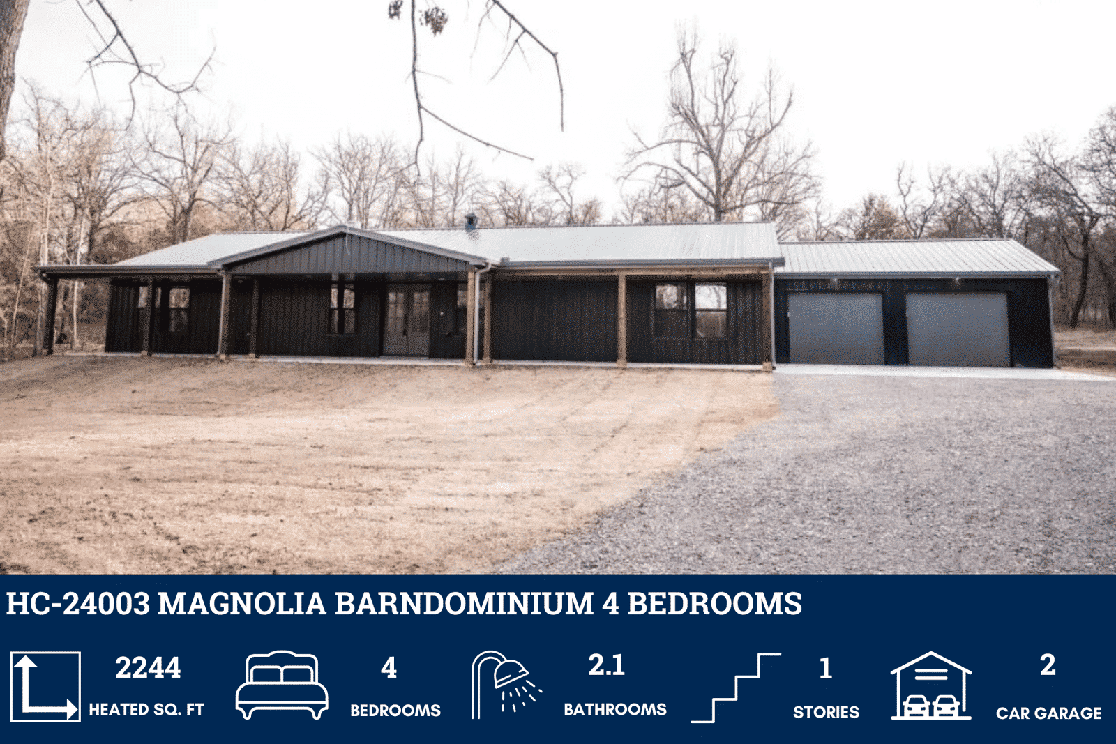 HC-24003 Magnolia 4 bedroom barndominium floor plan rendering, 2,244 sq ft , 540 sq ft garage , 4 bed , 2.1 bath