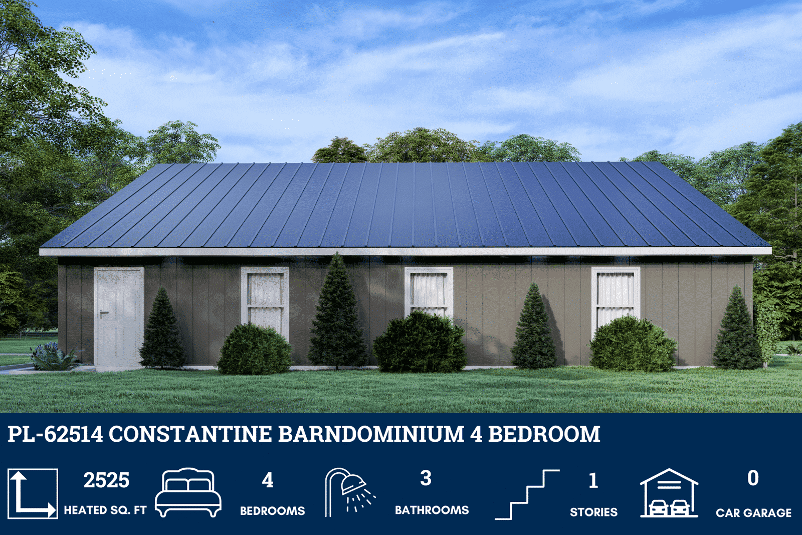 PL-62514 Constantine 4 bedroom barndominium floor plan rendering, 2,525 sq ft , no garage , 4 bed , 3 bath