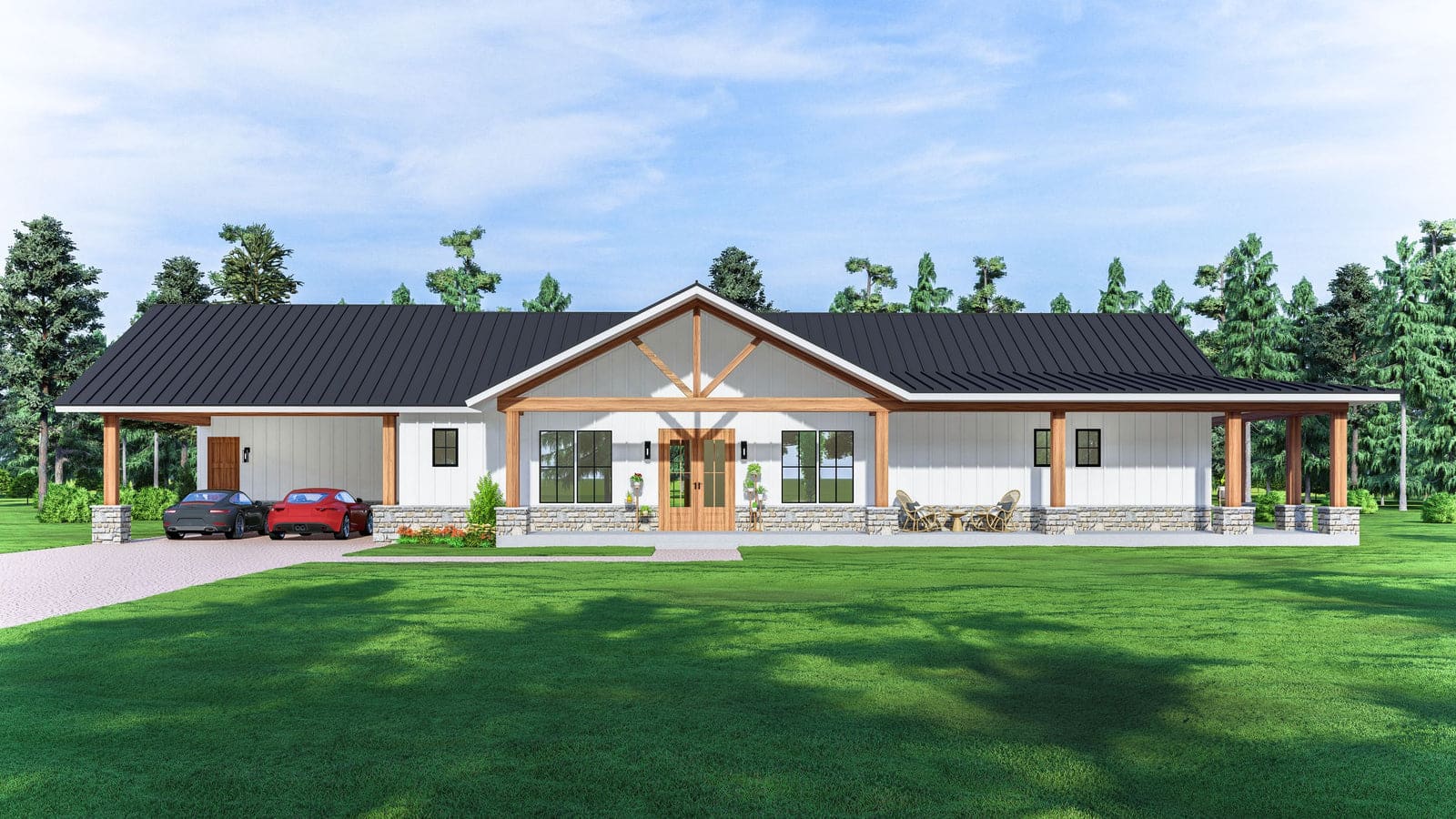 SV-5601 Kenny 4 bedroom barndominium floor plan rendering, 2,655 sq ft , 547 sq ft carport , 4 bed , 3.1 bath