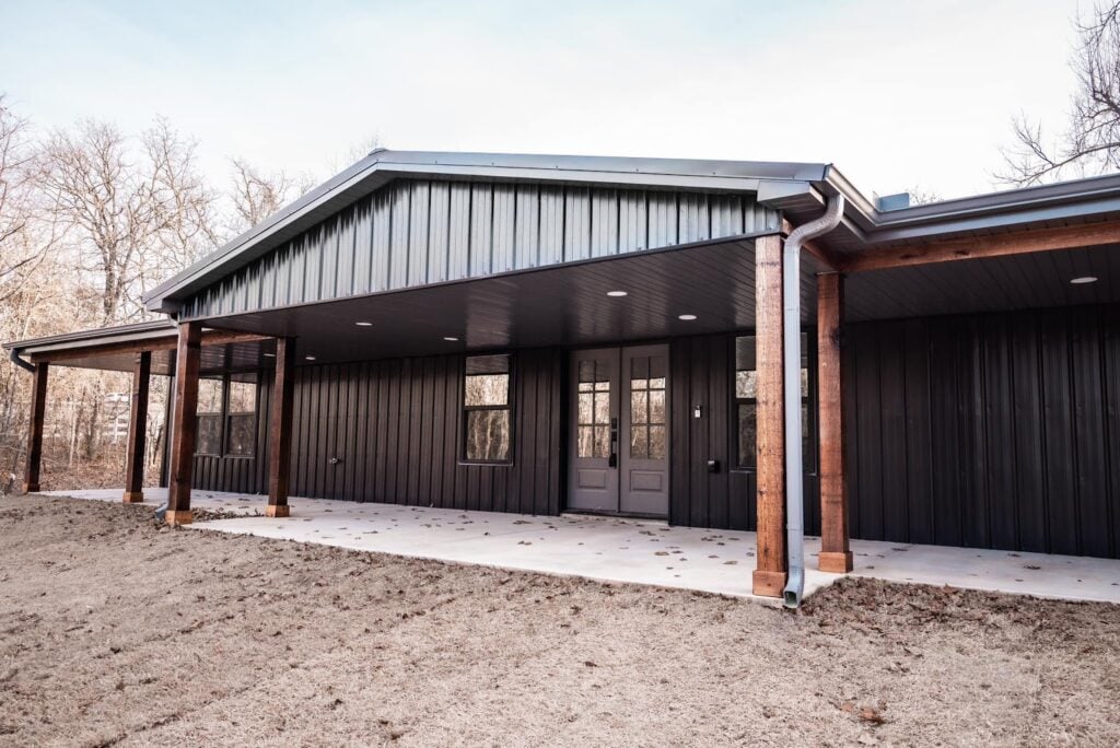 HC-24003 Magnolia barndominium exterior detail, black metal siding