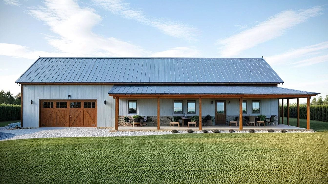 Cody AP-20003 single story metal barndominium with a wrap around porch, rendering