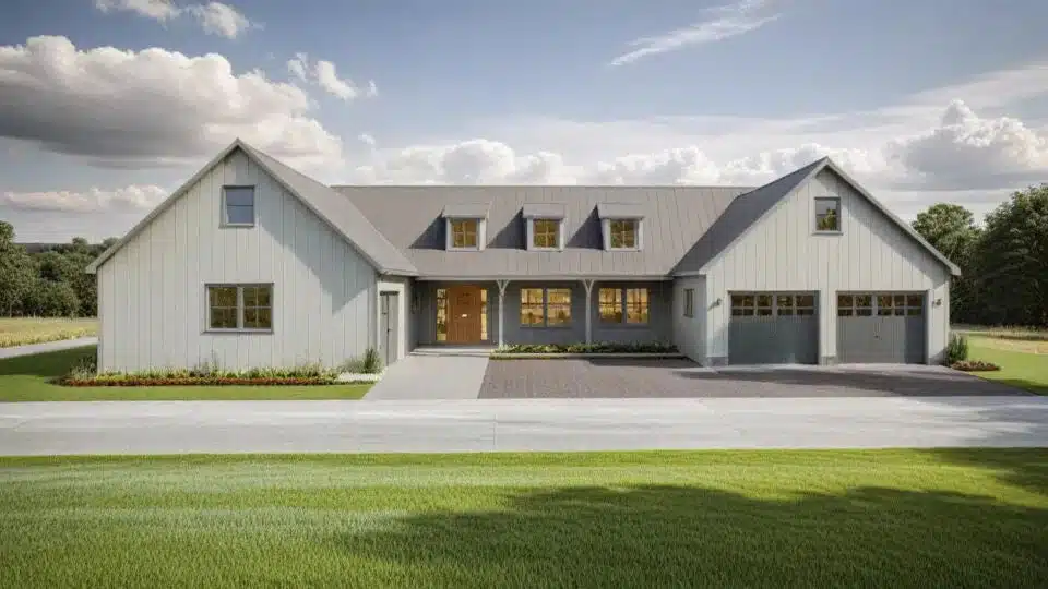 PL-71011-GS barndominium with a two-bedroom gen-suite and its own 1-car garage, 4,150 sq ft, rendering