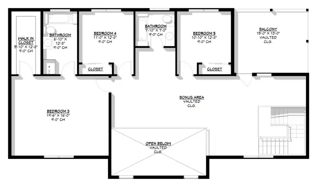 two story barndominium second floor plan showing the 195 square foot balcony off the upstairs bedrooms